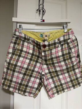 Roxy Plaid Cotton Shorts in Olive, Pink & White